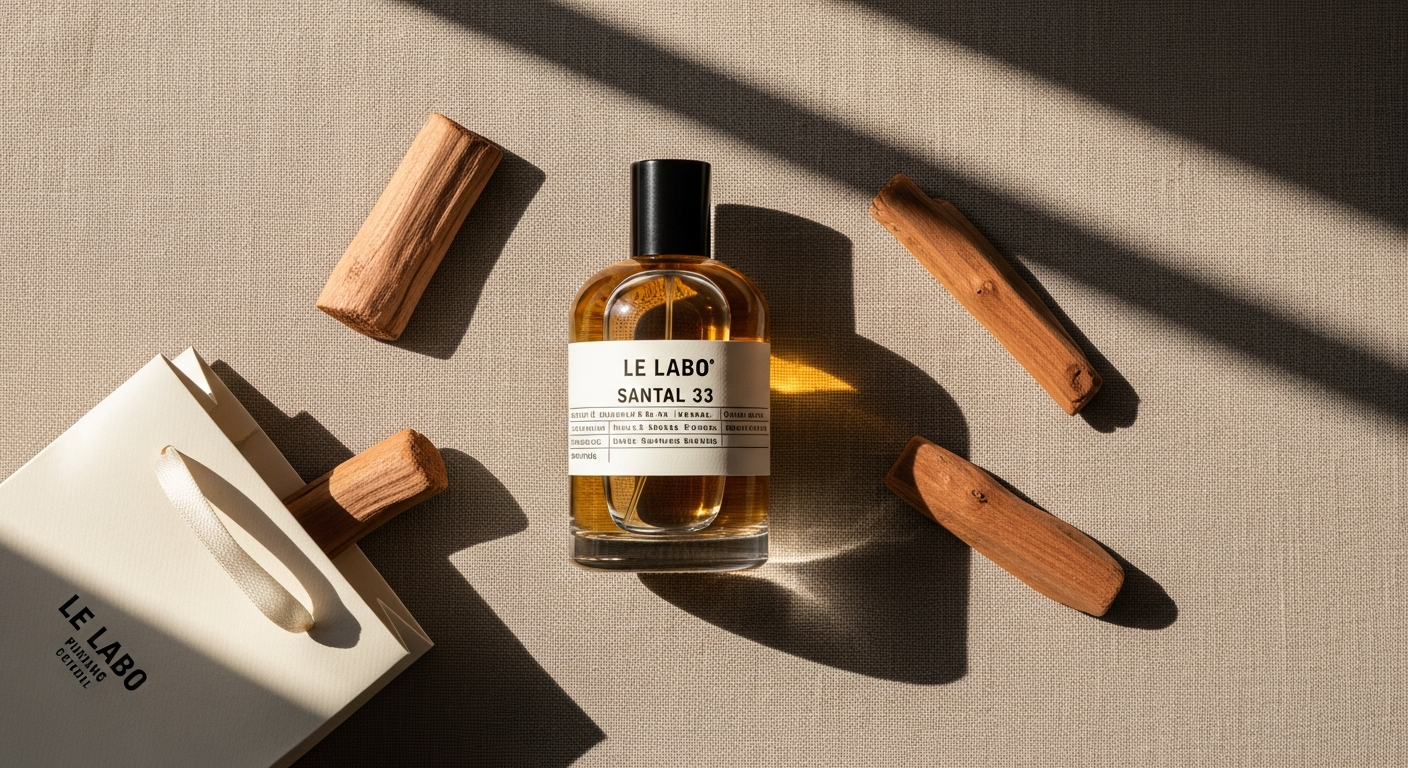 Luxury Le Labo Santal 33 fragrance bottle with minimalist apothecary aesthetic design