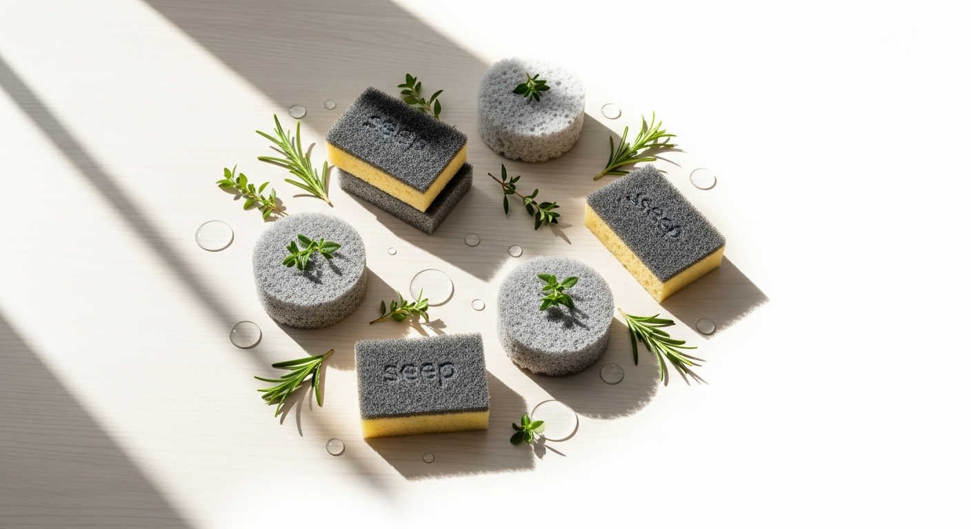 Seep Eco Sponge Scourers displayed with natural cellulose and loofah materials