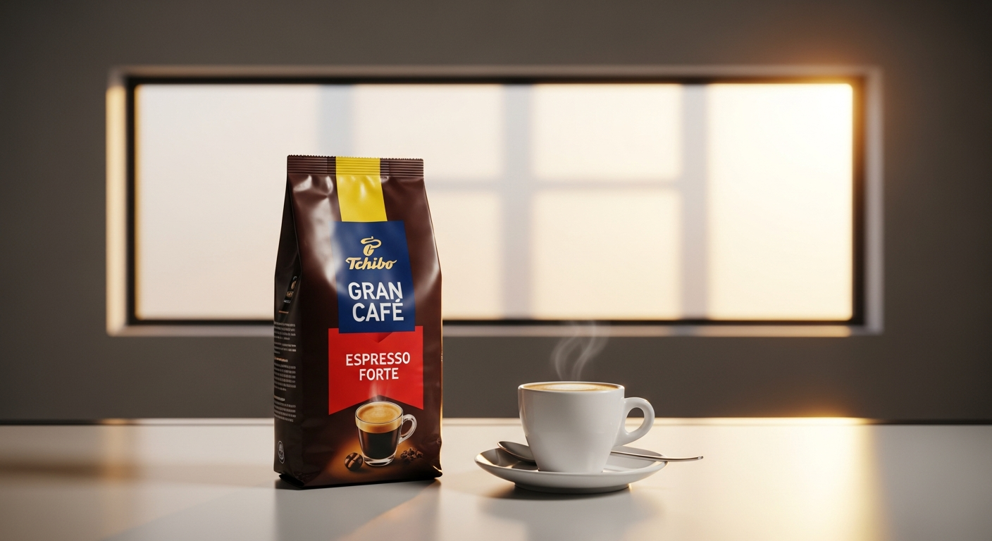 Tchibo Gran Café Espresso Forte capsules in packaging with intensity level 5 rating displayed
