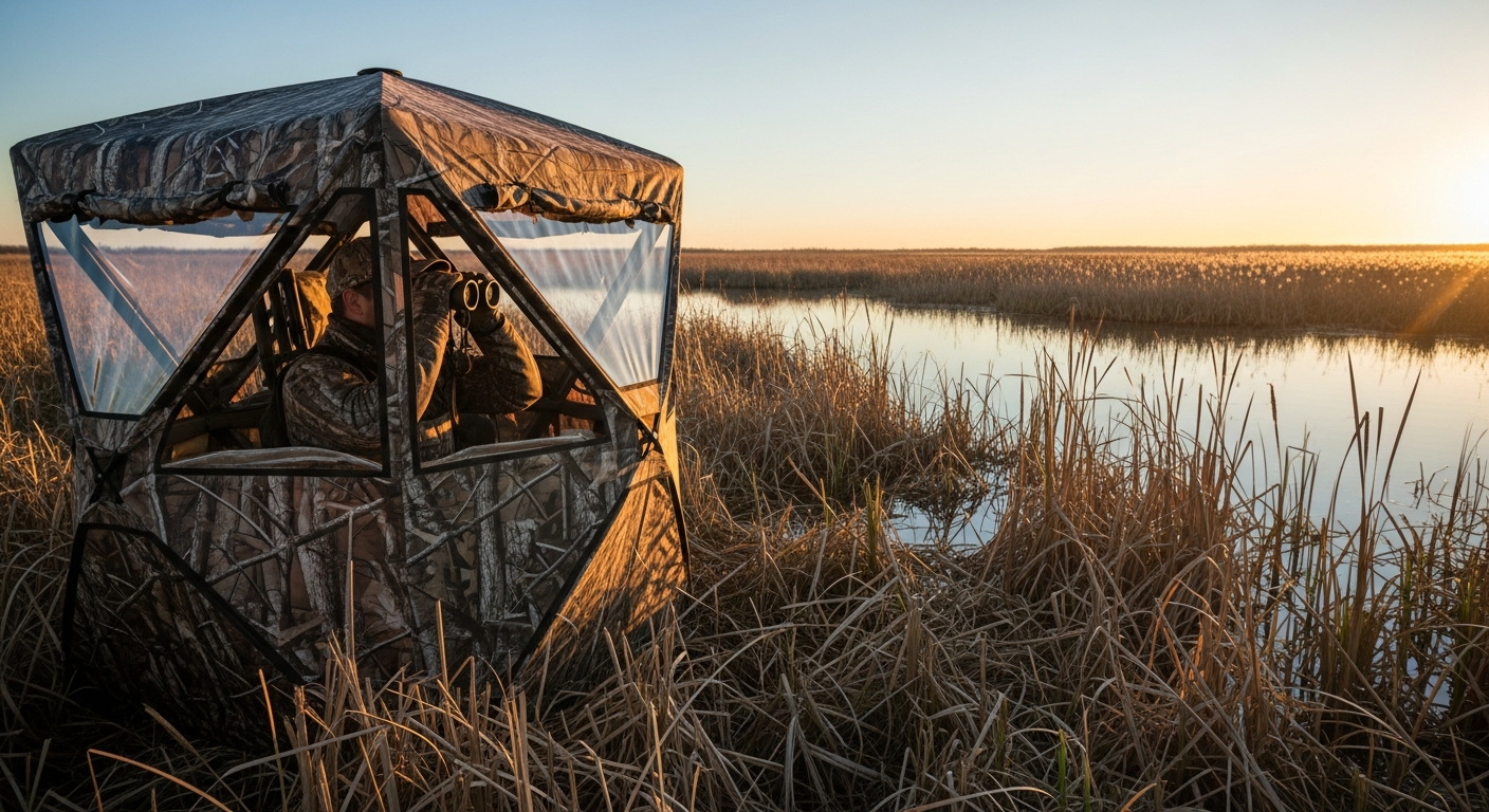 TideWe see-through hunting blind with mesh windows in outdoor hunting setting