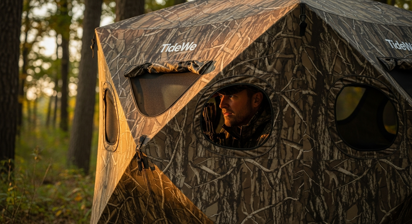 TideWe Vis360 hunting blind with panoramic windows in forest setting