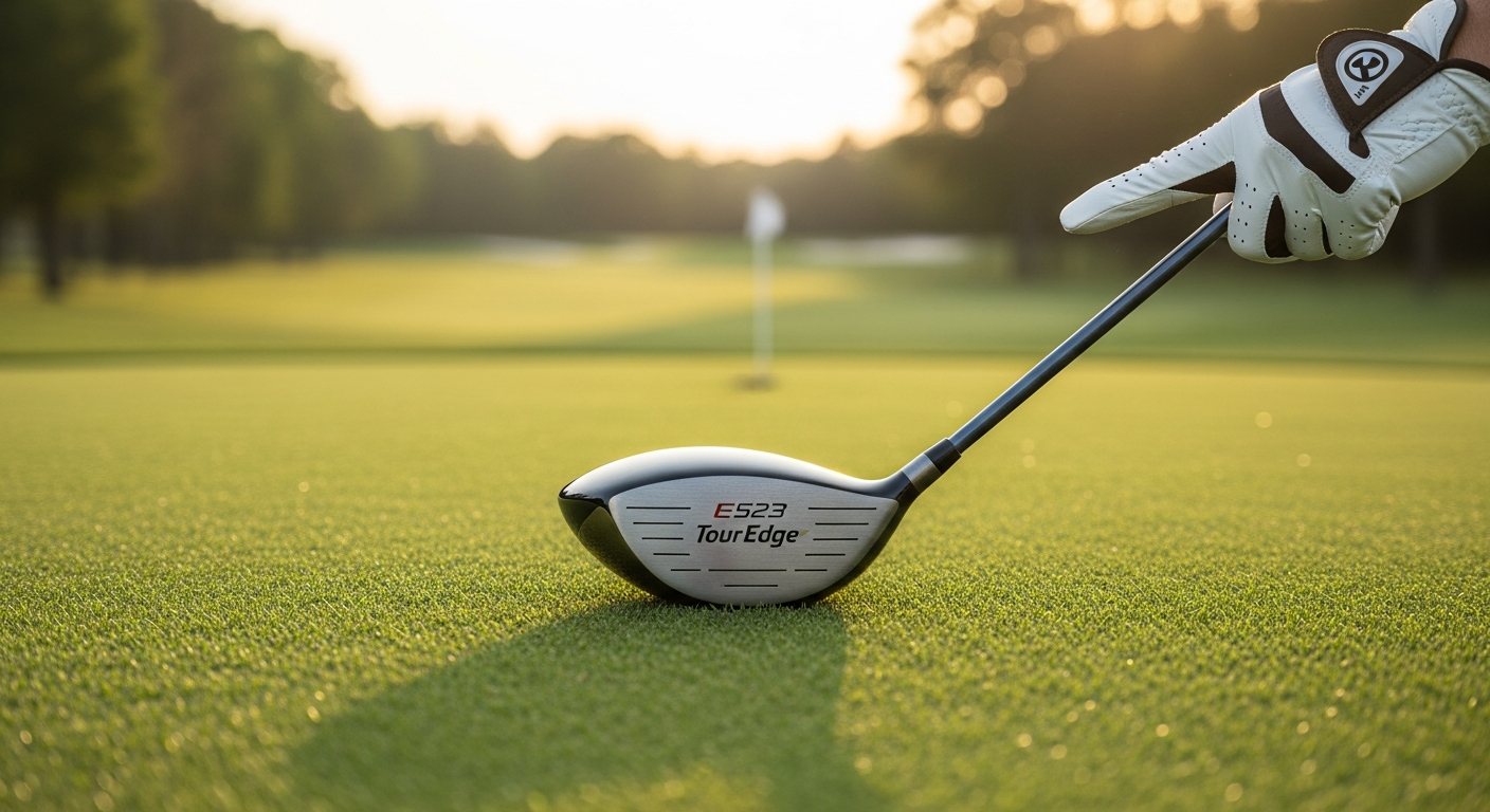 Tour Edge Hot Launch E523 Driver in white and black finish displayed on golf course grass