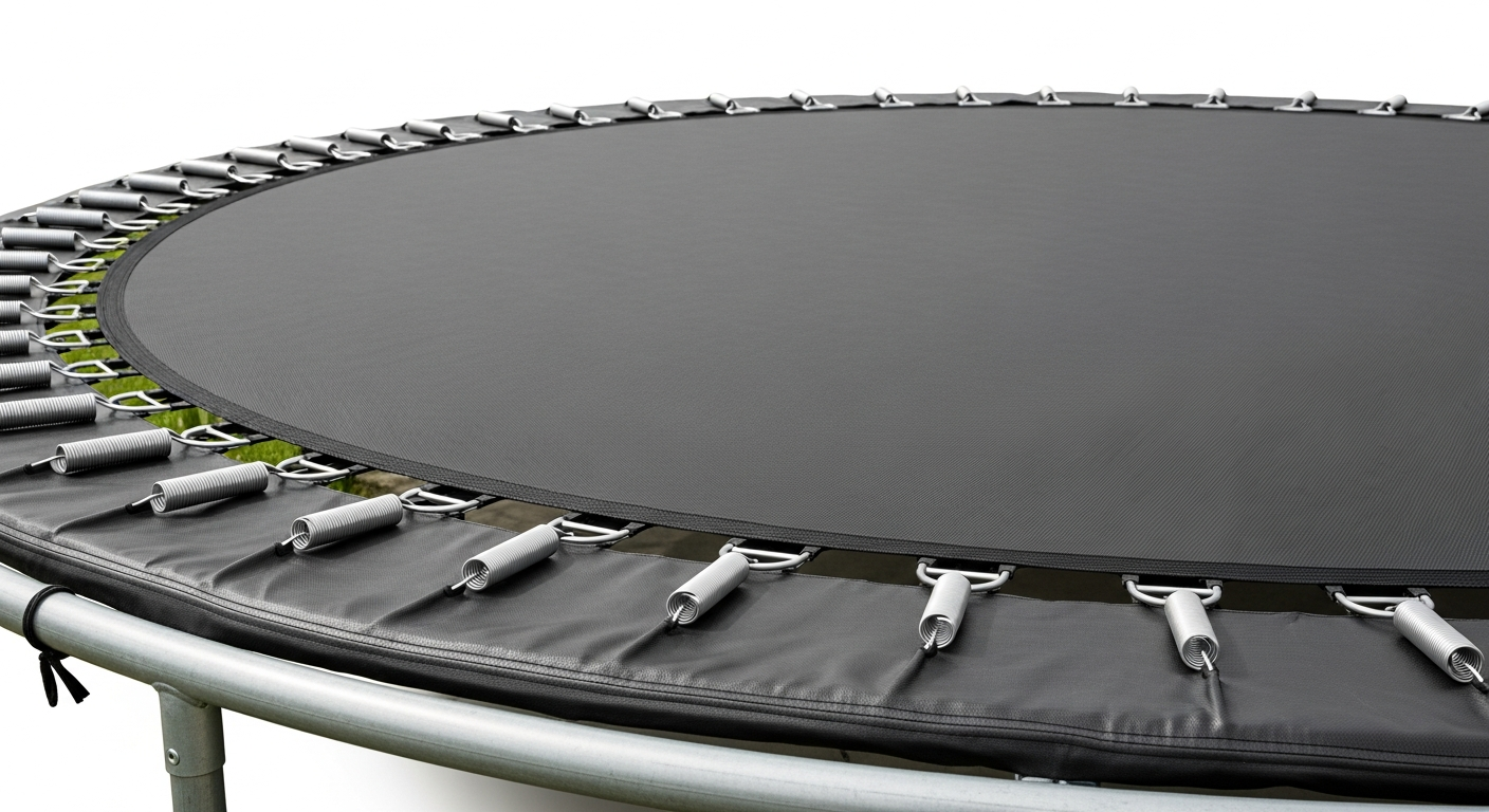 Worn trampoline mat showing sagging fabric and UV damage from sun exposure