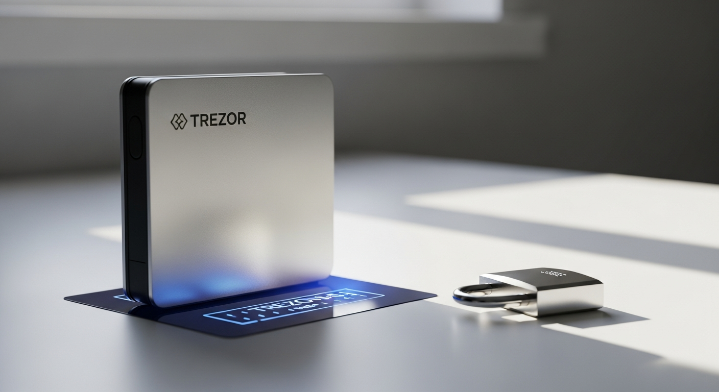 Trezor Safe 3 hardware wallet with OLED display and USB-C port on white background
