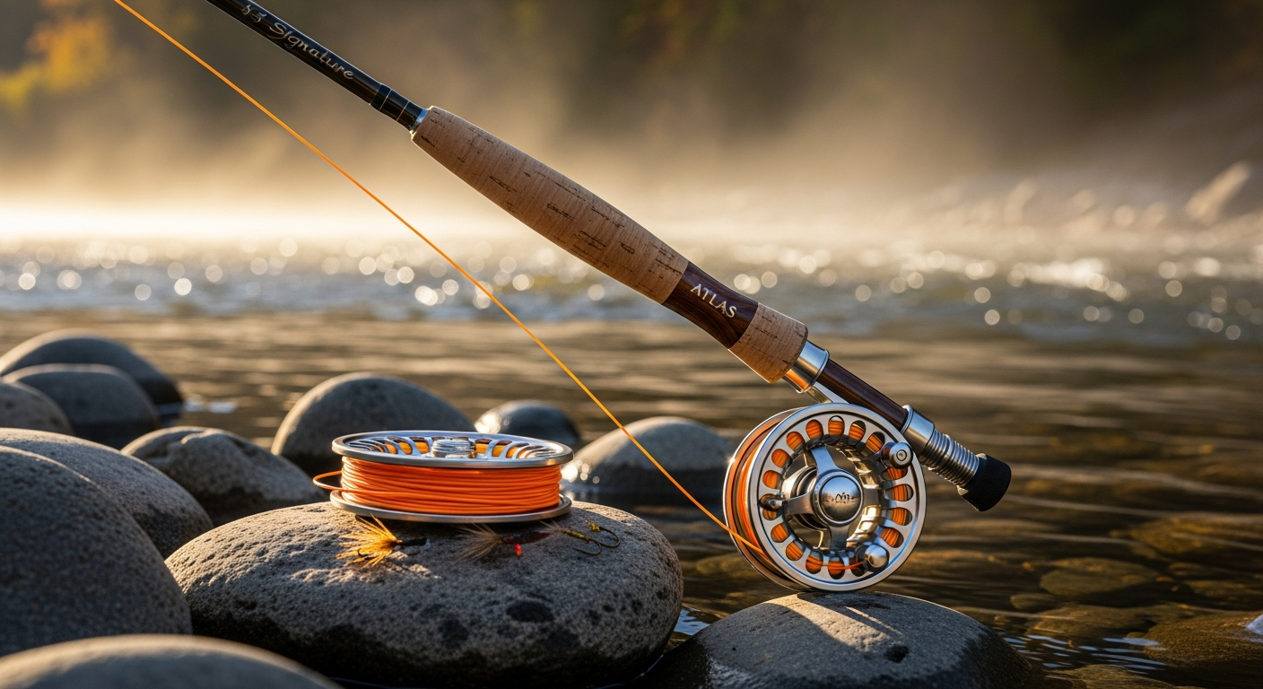 Intermediate angler casting Atlas Signature 9ft 5wt fly rod on flowing river with mountains