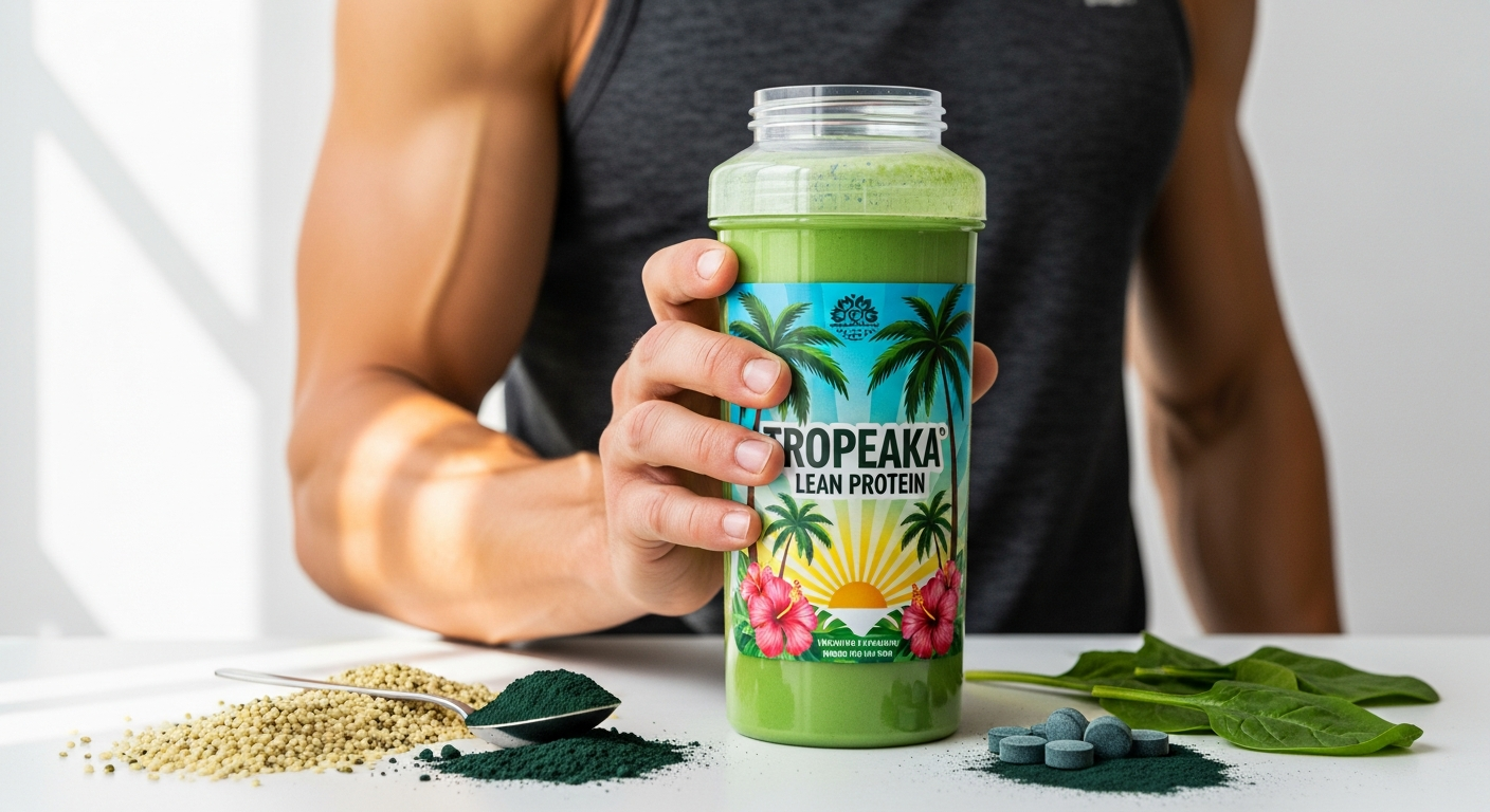 Tropeaka Lean Protein Powder container with vanilla, chocolate, and salted caramel flavors displayed