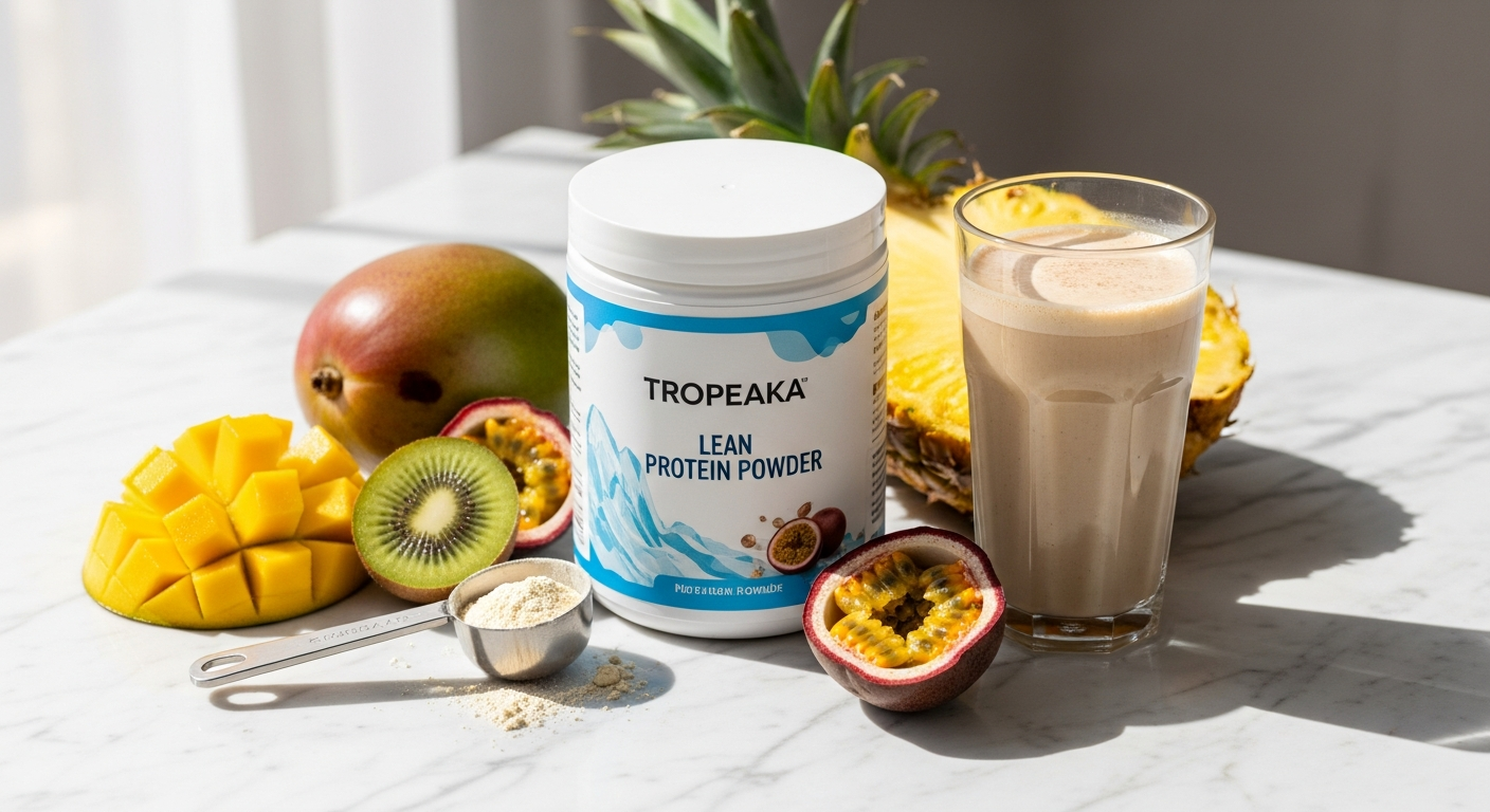 Tropeaka Lean Plant-Based Protein Powder in vanilla and chocolate flavors with fresh ingredients