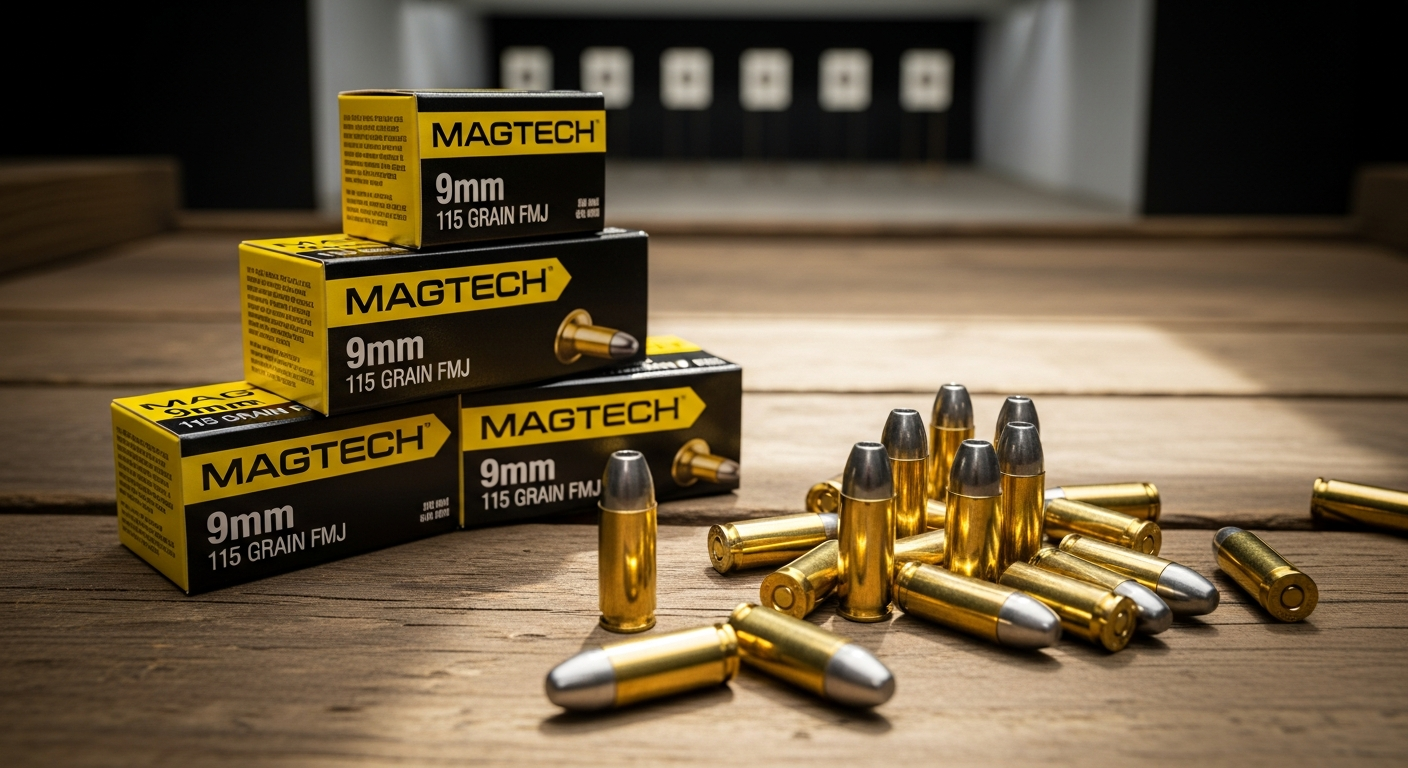 Magtech 9mm 115 grain FMJ ammunition boxes stacked on wooden table
