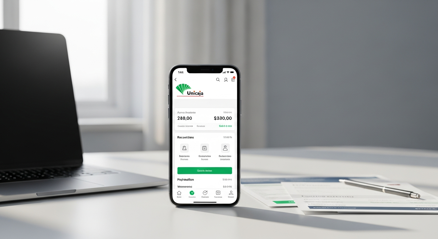 Digital banking interface showing Unicaja Online Account dashboard with savings goals