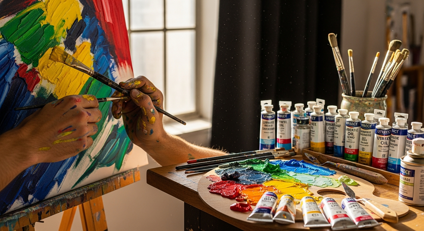 Large oil painting canvas with vibrant Utrecht Artists' Oil Colors palette and brushes