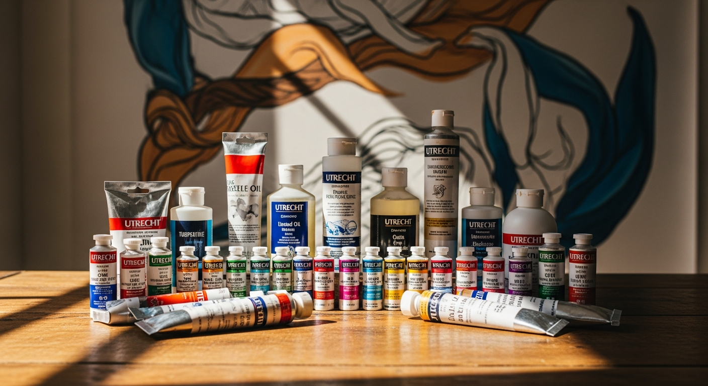 Professional muralist applying Utrecht Artists' Oil Colors to large-scale mural
