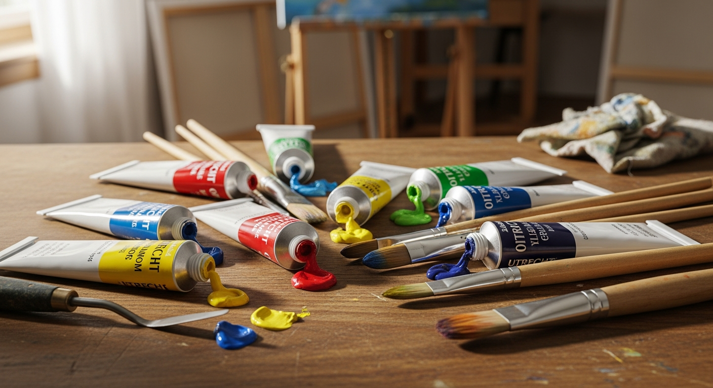 Professional Utrecht Artists' Oil Colors paint tubes arranged on artist palette with brushes