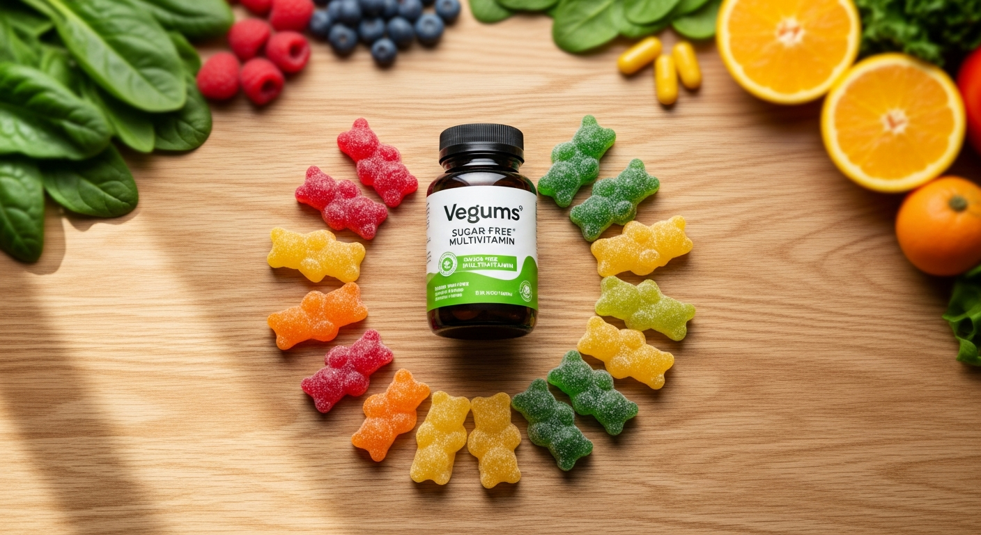 Vegums Sugar-Free A-Z Multivitamin Gummies bottle with colorful plant-based supplement capsules displayed