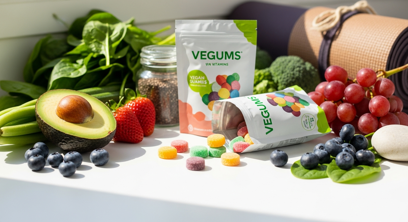Colorful vegan gummy vitamins in eco-friendly packaging displayed together
