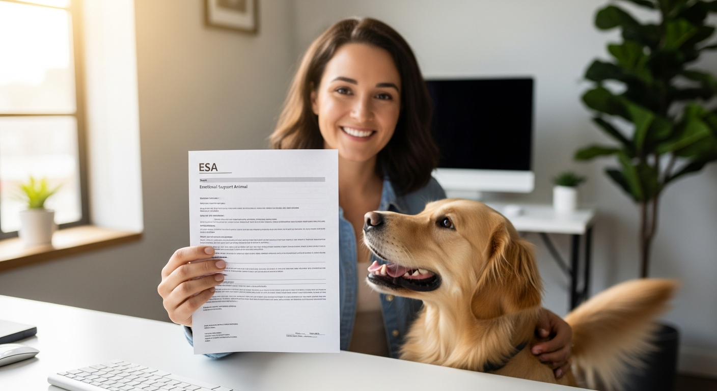 Person holding emotional support dog while reviewing ESA letter documentation on laptop