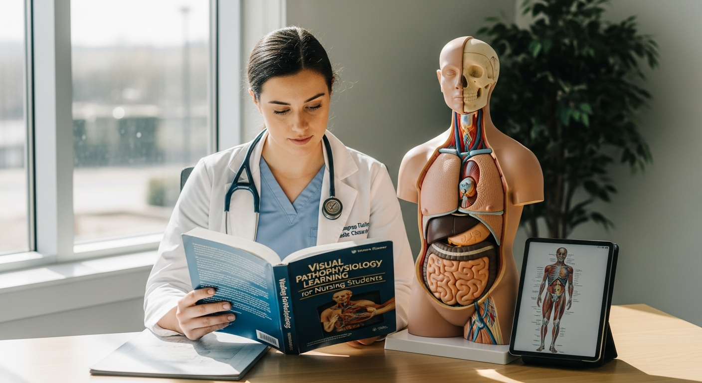 Colorful medical illustration showing disease process pathways with anatomical diagrams