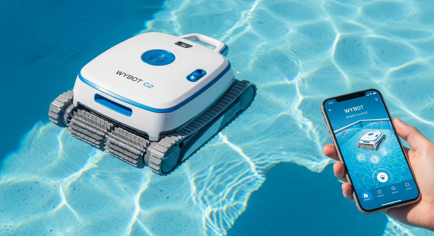 WYBOT C2 cordless robotic pool cleaner with app control in swimming pool