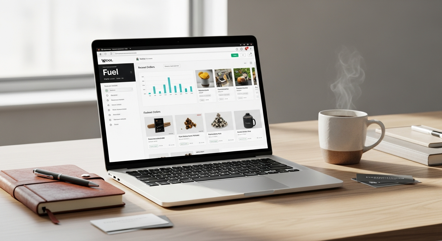 Fuel WooCommerce WordPress theme dashboard showing store performance metrics and design customization options
