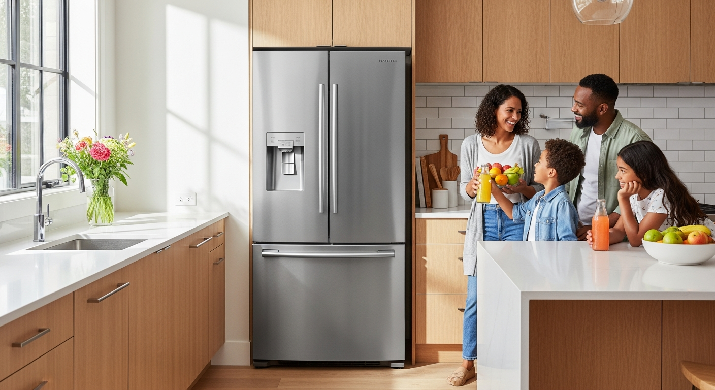 HYE 444 Litre American Fridge Freezer in modern kitchen with stainless steel finish