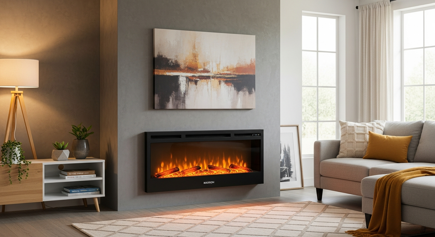 MAXKON Electric Fireplace Heater with realistic LED flame effect in modern home office