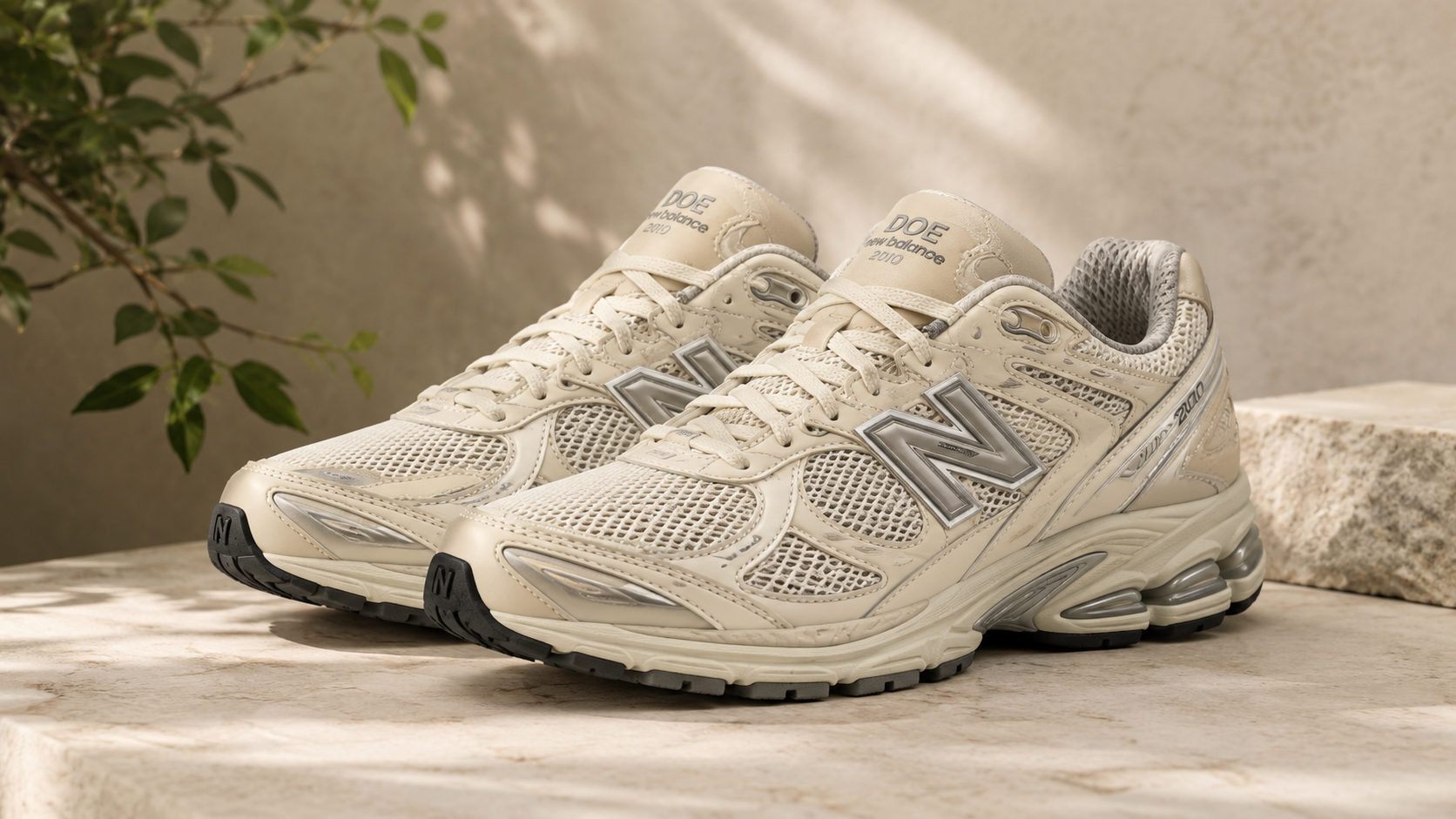 DOE x New Balance 2010 sneakers in cream and beige colorway with premium mesh and suede overlays, photographed in a minimalist lifestyle setting for sneaker review and style guide.