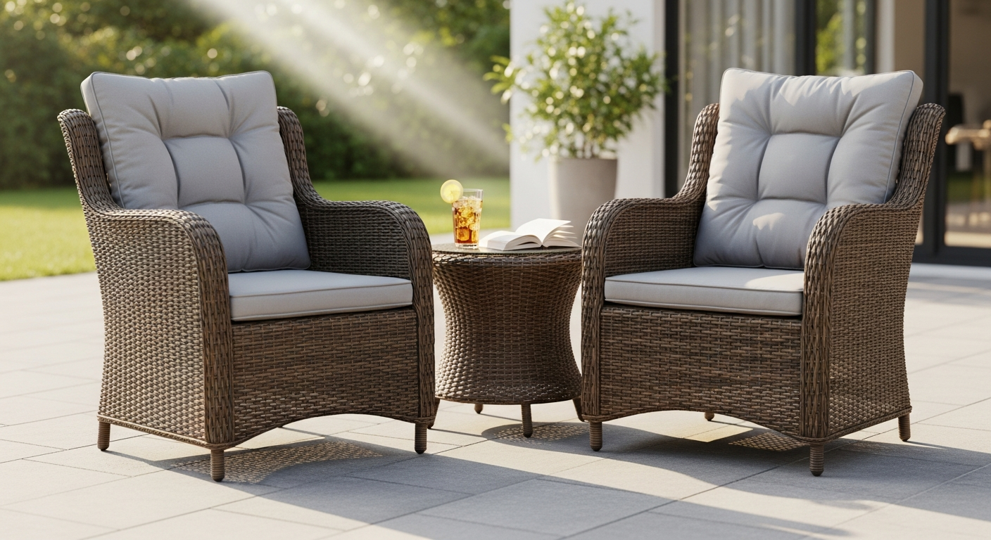 Modern grey poly rattan garden chairs with armrests on a patio