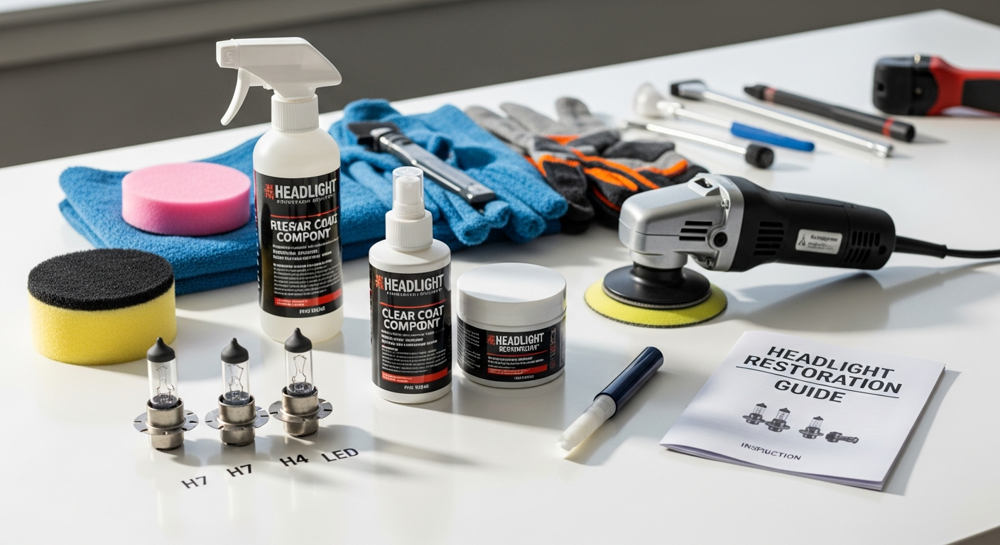 Feu Vert headlight restoration kit with abrasive discs and polishing compounds displayed
