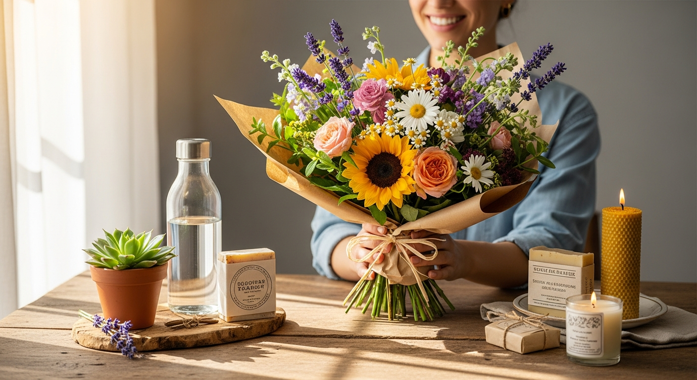 Freddie's Flowers seasonal subscription box with fresh colorful blooms and recyclable packaging