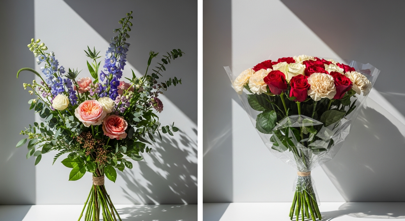 Vibrant seasonal flower bouquet in glass vase with arranging guide