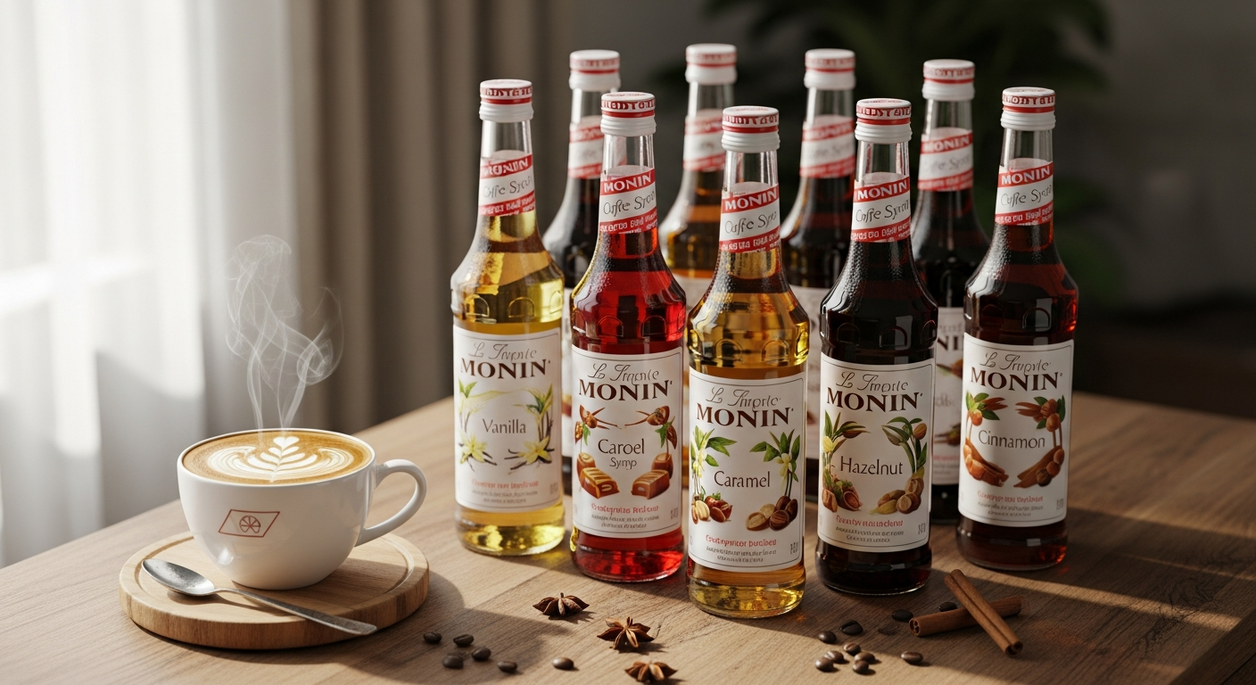 Monin Coffee Syrup Set bottles with caramel chocolate vanilla flavors displayed