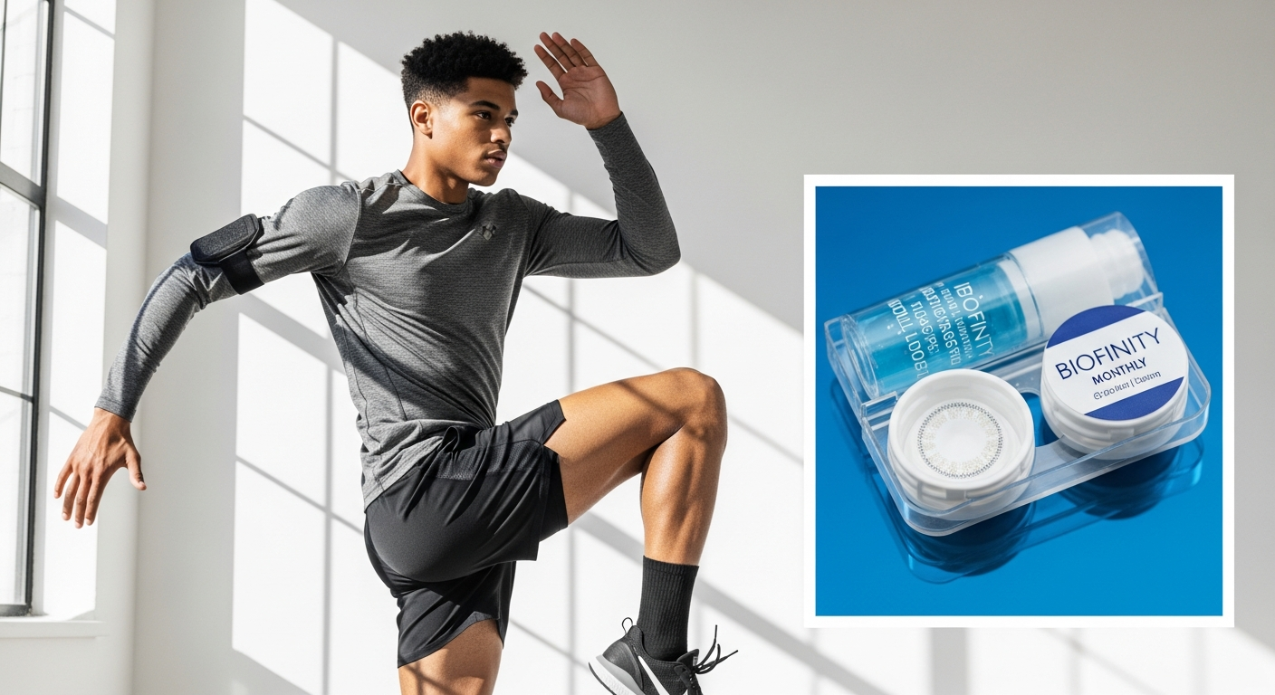Biofinity monthly silicone hydrogel contact lenses in packaging displayed on white background