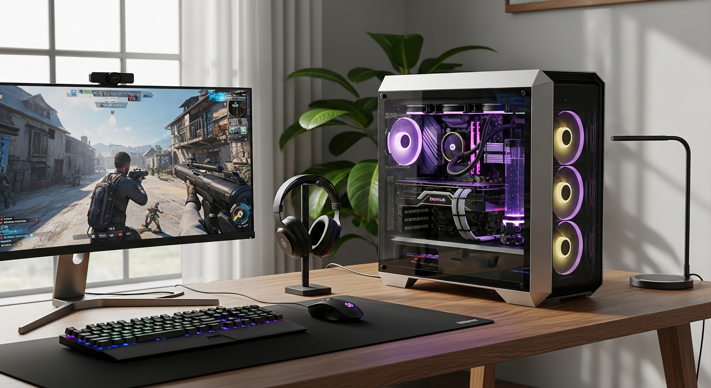 Gaming PC with RGB lighting and high-performance components displayed