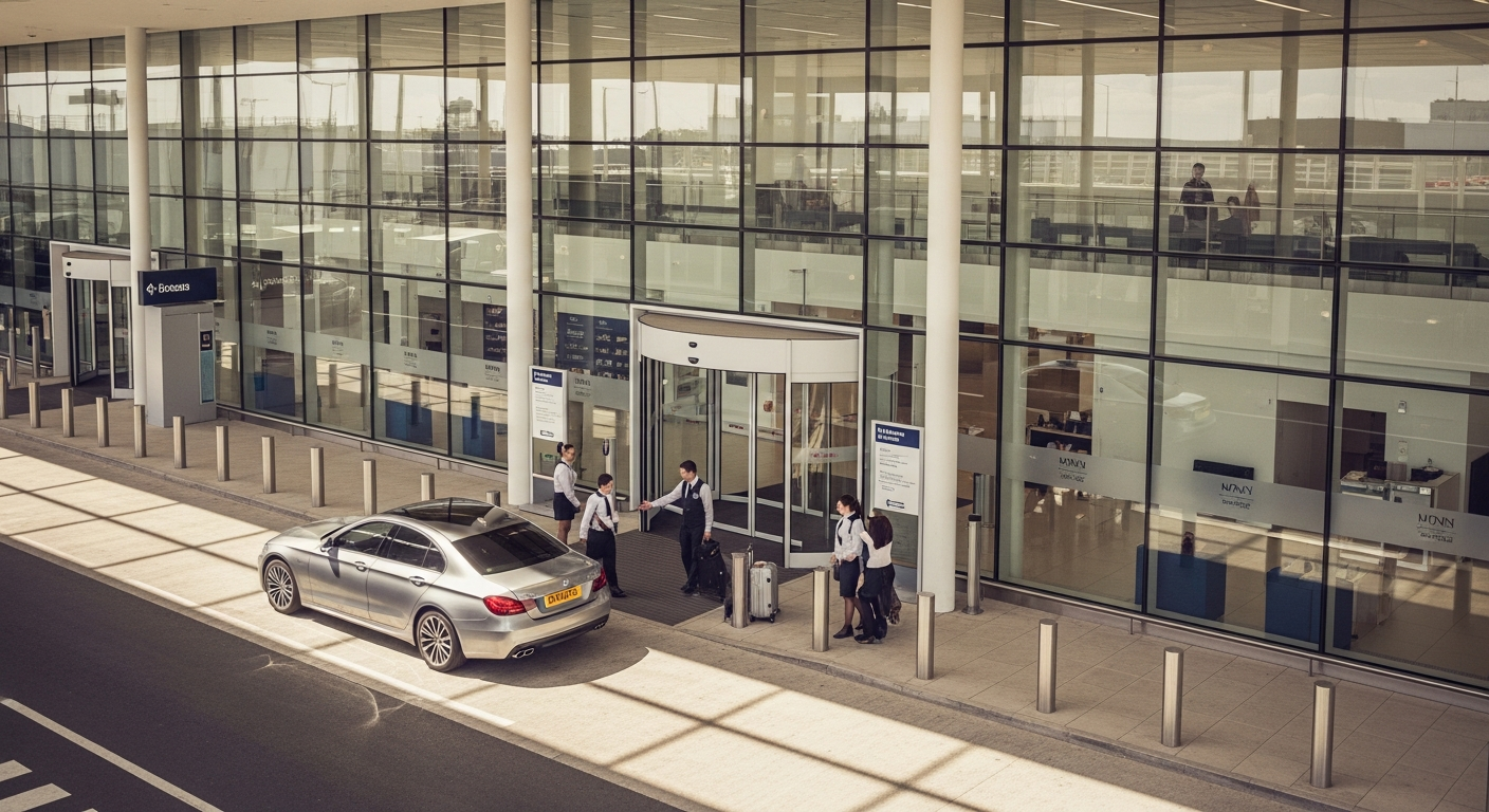 Professional business traveller handing car keys to uniformed meet and greet parking driver at UK airport terminal