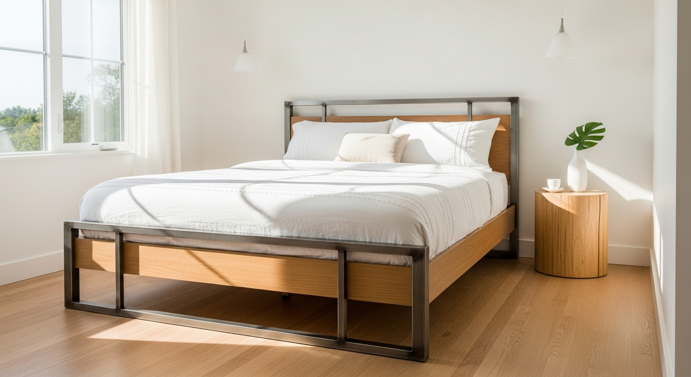 Plank+Beam Classic Solid Wood Queen Bed in white finish displayed in a minimalist small bedroom with under-bed storage