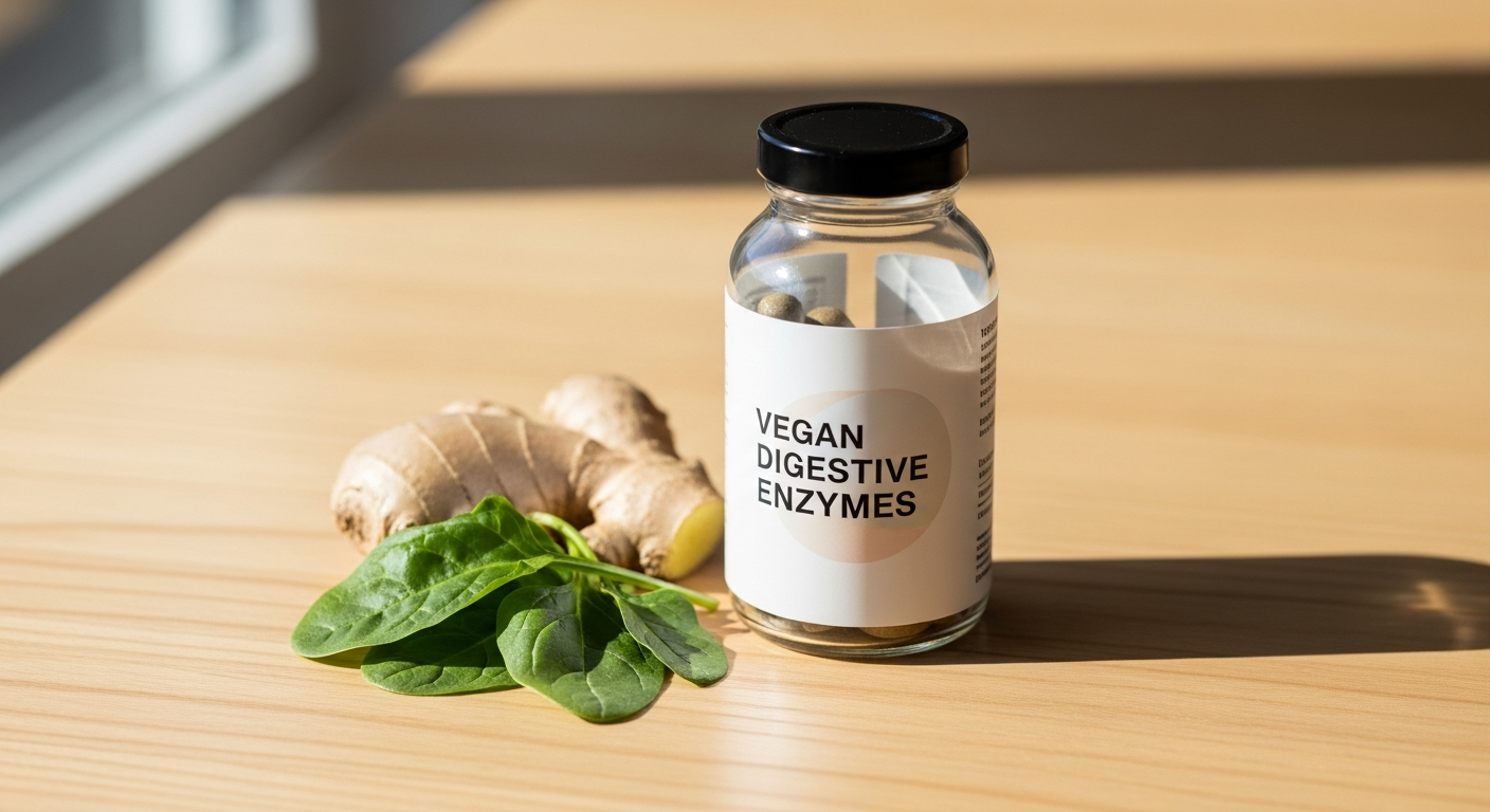 Quantum Digest vegan digestive enzyme supplement bottle with plant ingredients
