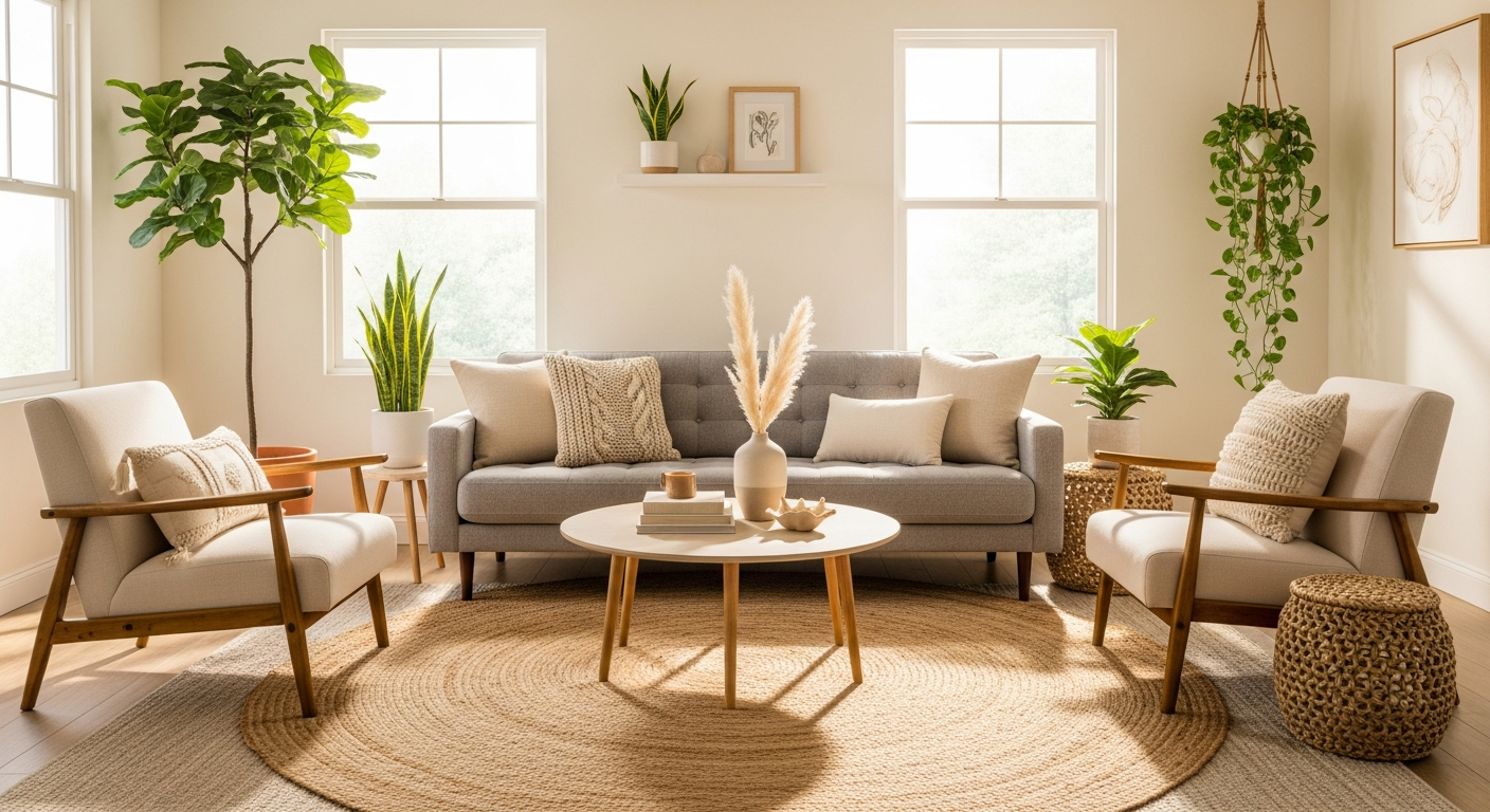 Handwoven jute-blend natural area rug in neutral beige tone on wooden floor