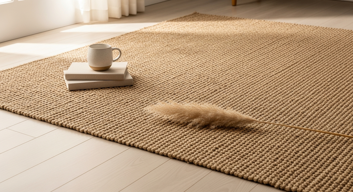Handwoven jute-blend natural area rug in warm tan tone displayed in modern living room