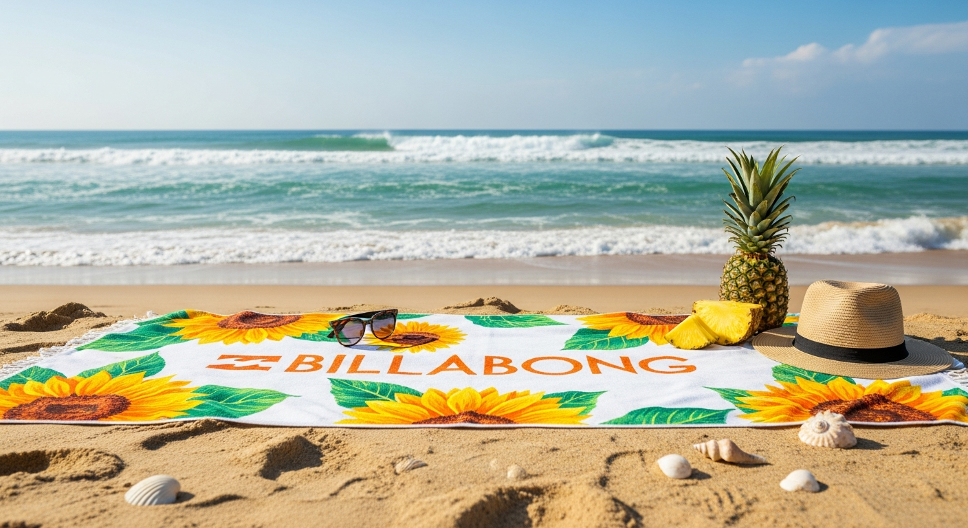 Billabong Women's Sunflower Beach Towel displayed on sandy beach with ocean waves in background