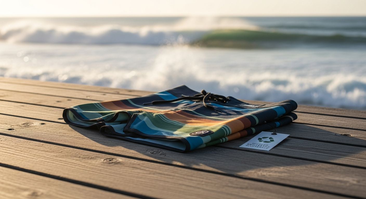 Sustainable eco-friendly performance boardshorts displayed on sandy beach with ocean waves