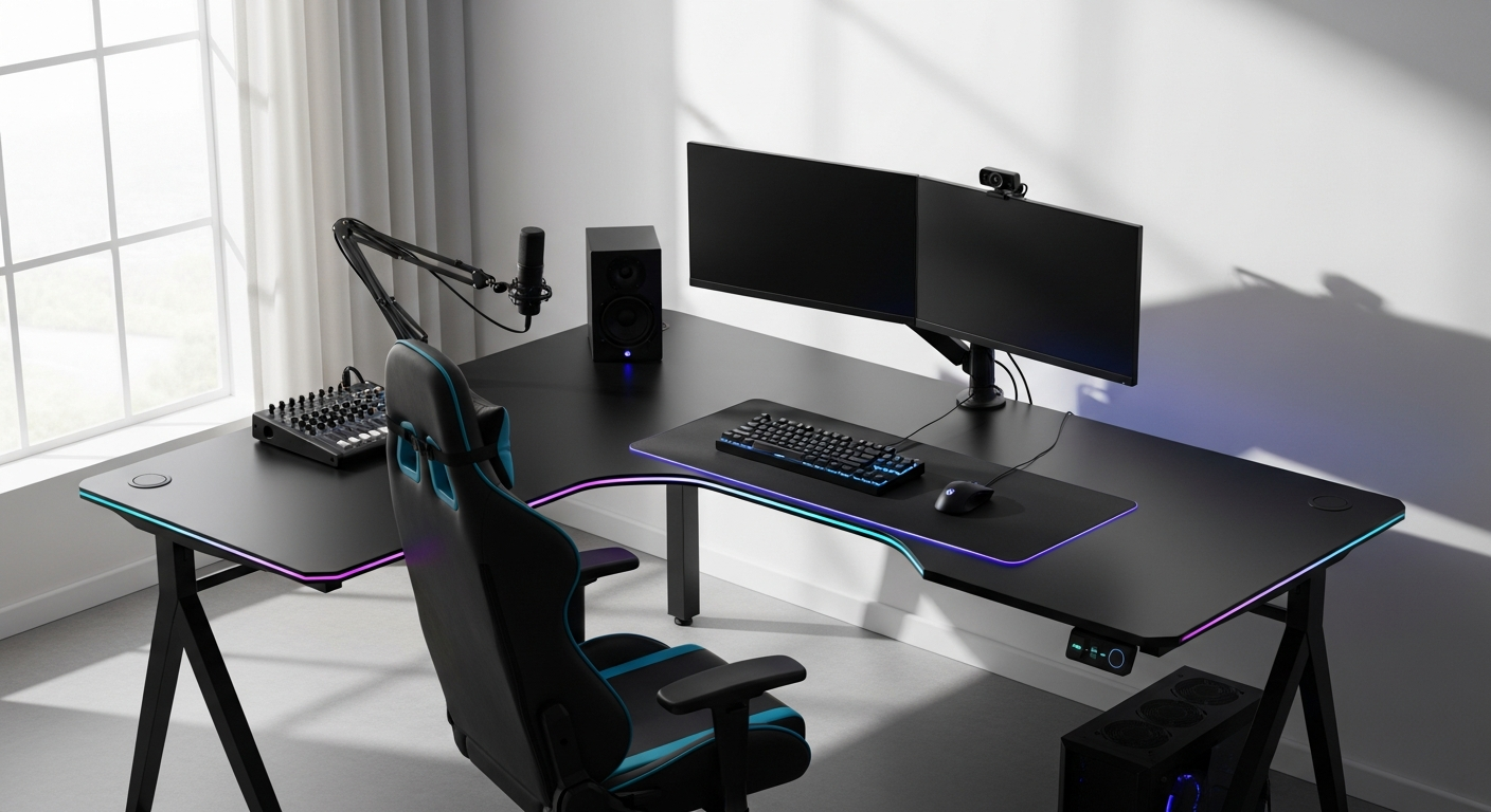 Sikaic L-shaped reversible LED gaming desk with music-reactive RGB lighting in streaming setup