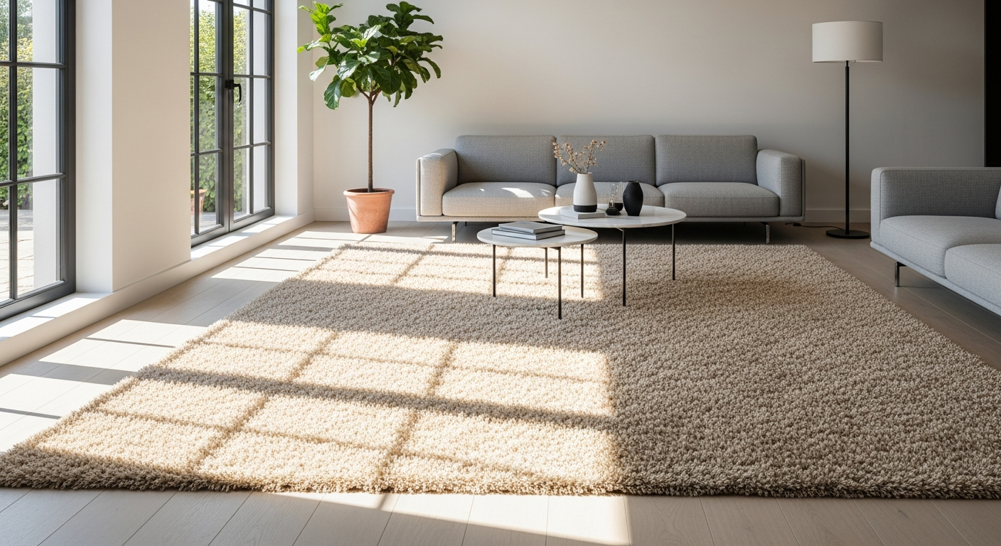 Beige shaggy rug in modern living room with minimalist furniture and natural lighting