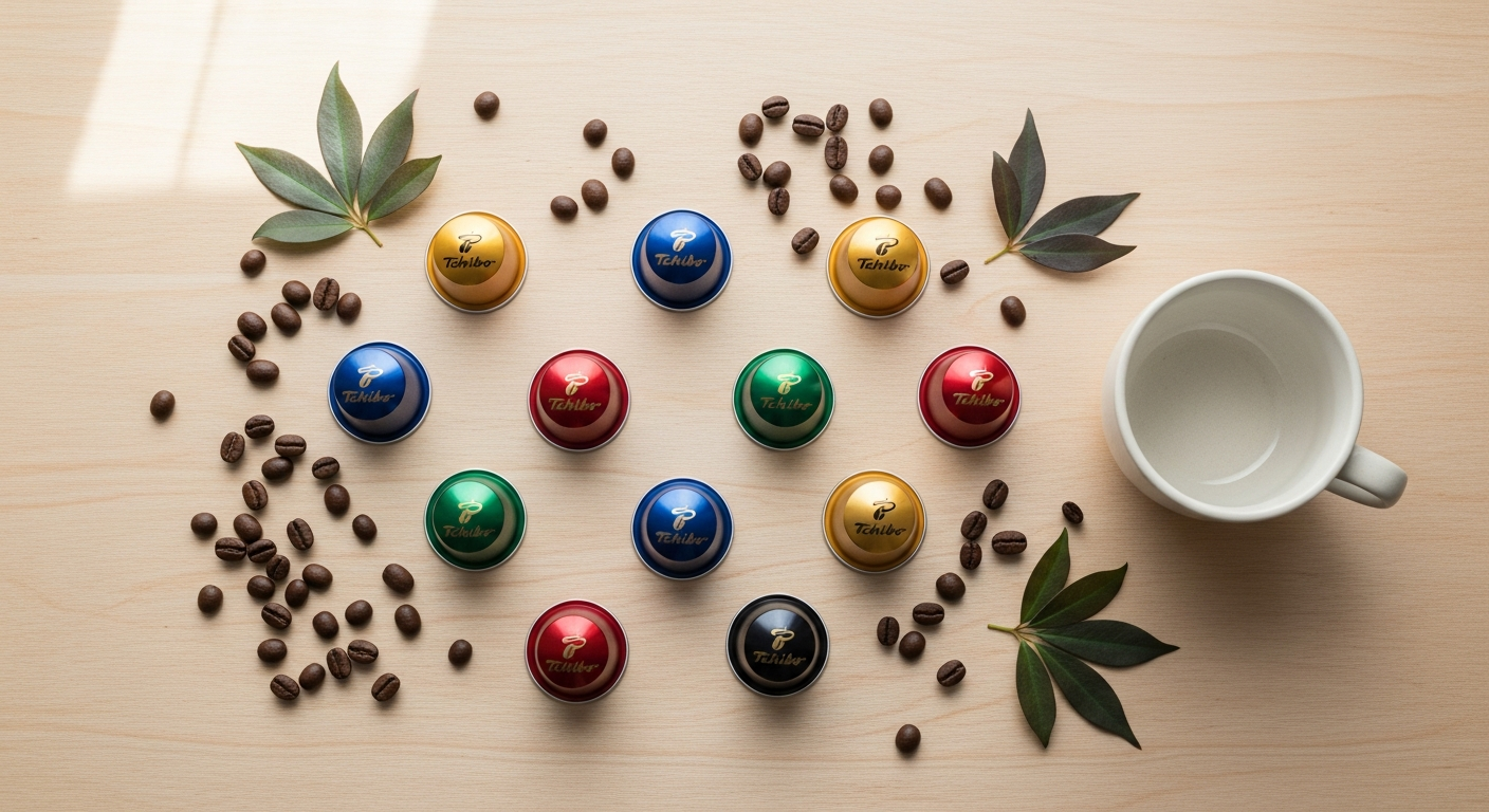 Sustainable Tchibo Cafissimo coffee capsules in recyclable packaging displayed together