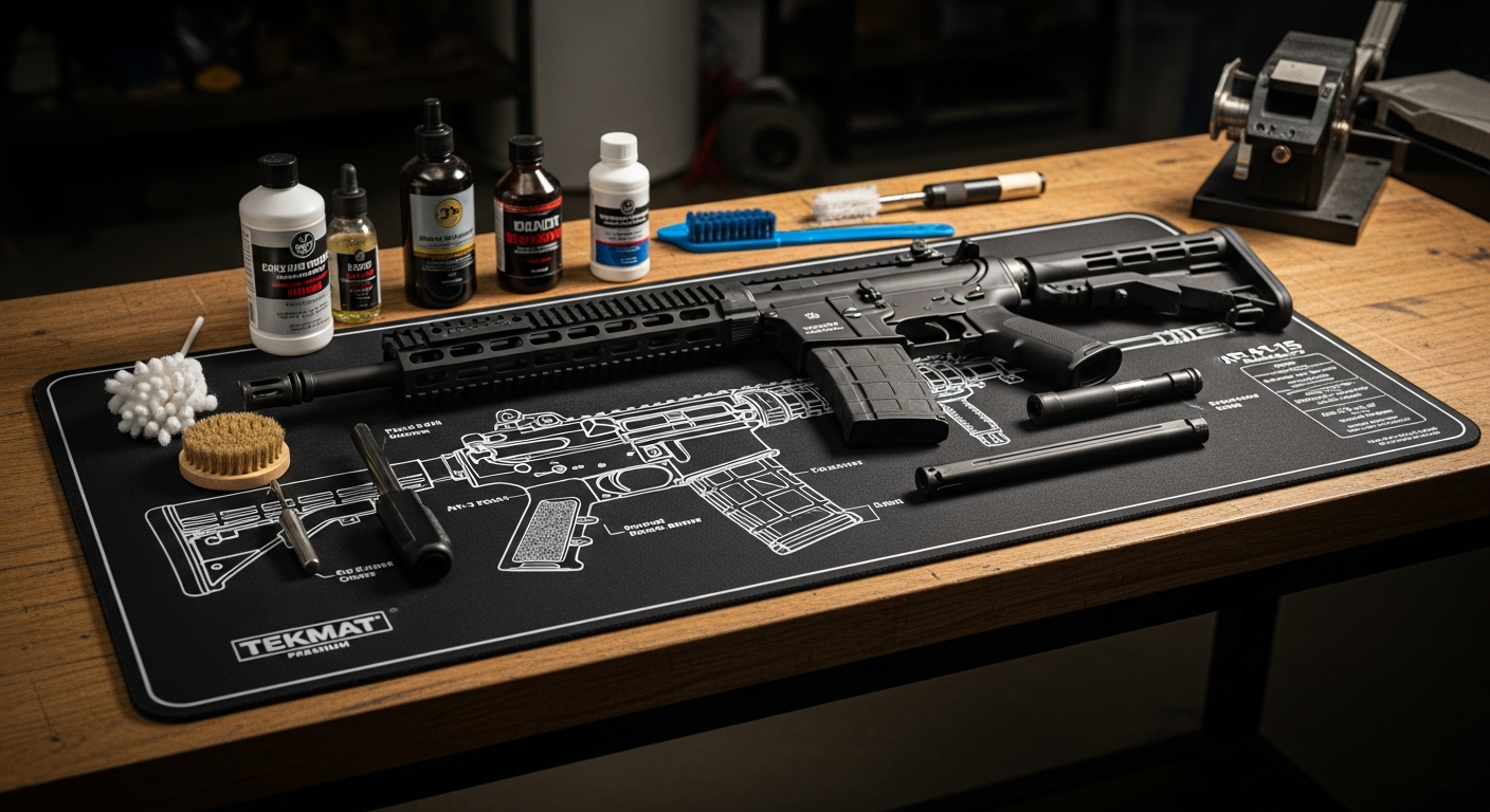 TekMat Ultra Premium AR-15 Cleaning Mat laid flat on workbench with printed component diagram visible