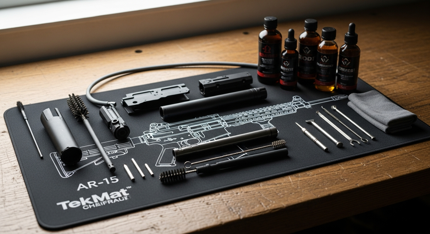 TekMat AR-15 gun cleaning mat with built-in rifle diagram and neoprene backing