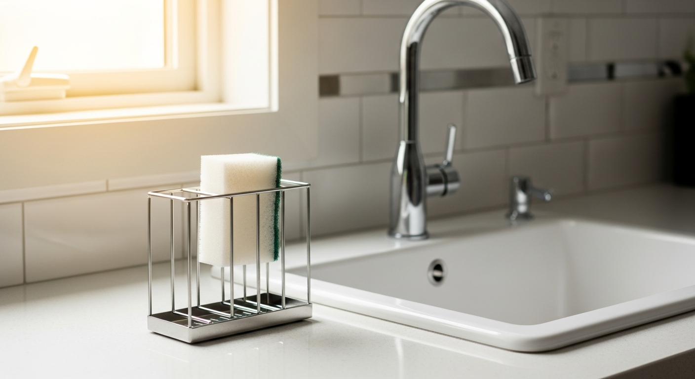 Yamazaki Home Steel Sponge and Bottle Holder with self-draining tray design in matte black finish
