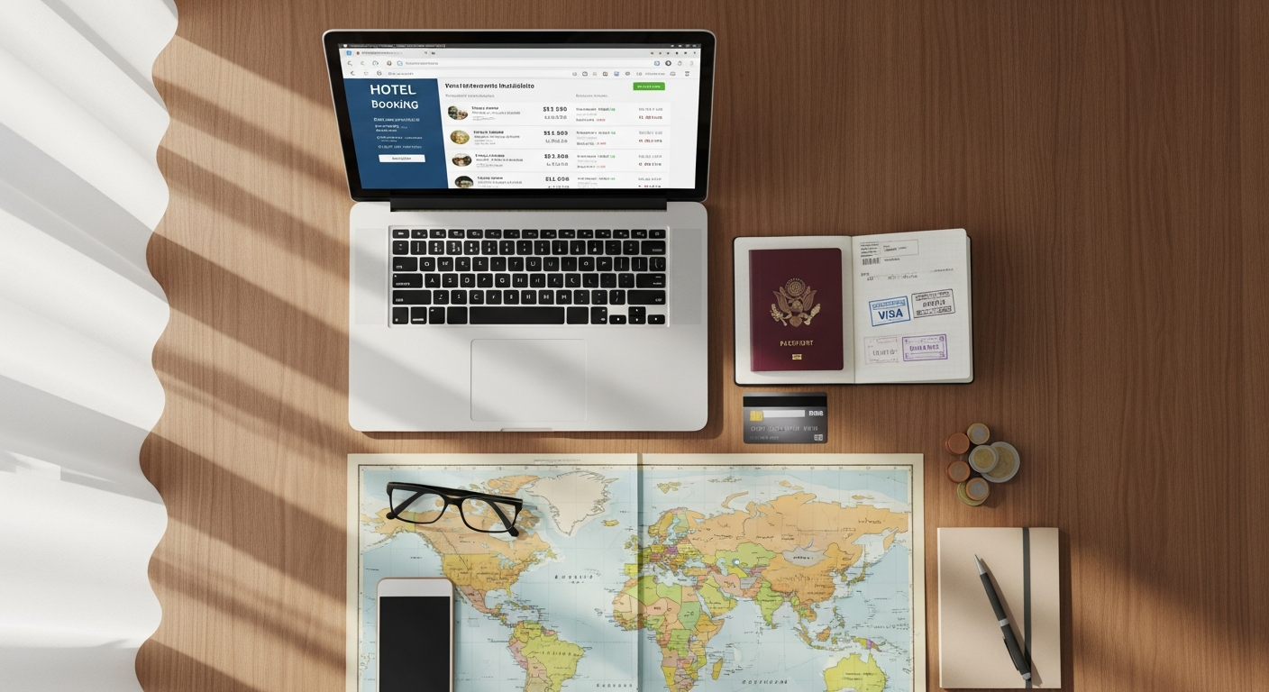 Budget traveler comparing hotel prices on Trivago platform using mobile device and laptop