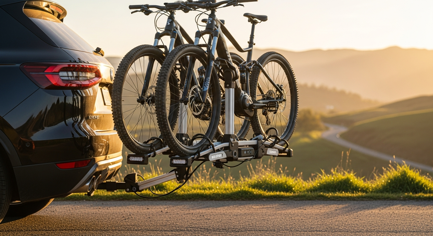 Young Electric 2-Bike Hitch Rack mounted on vehicle carrying two heavy e-bikes