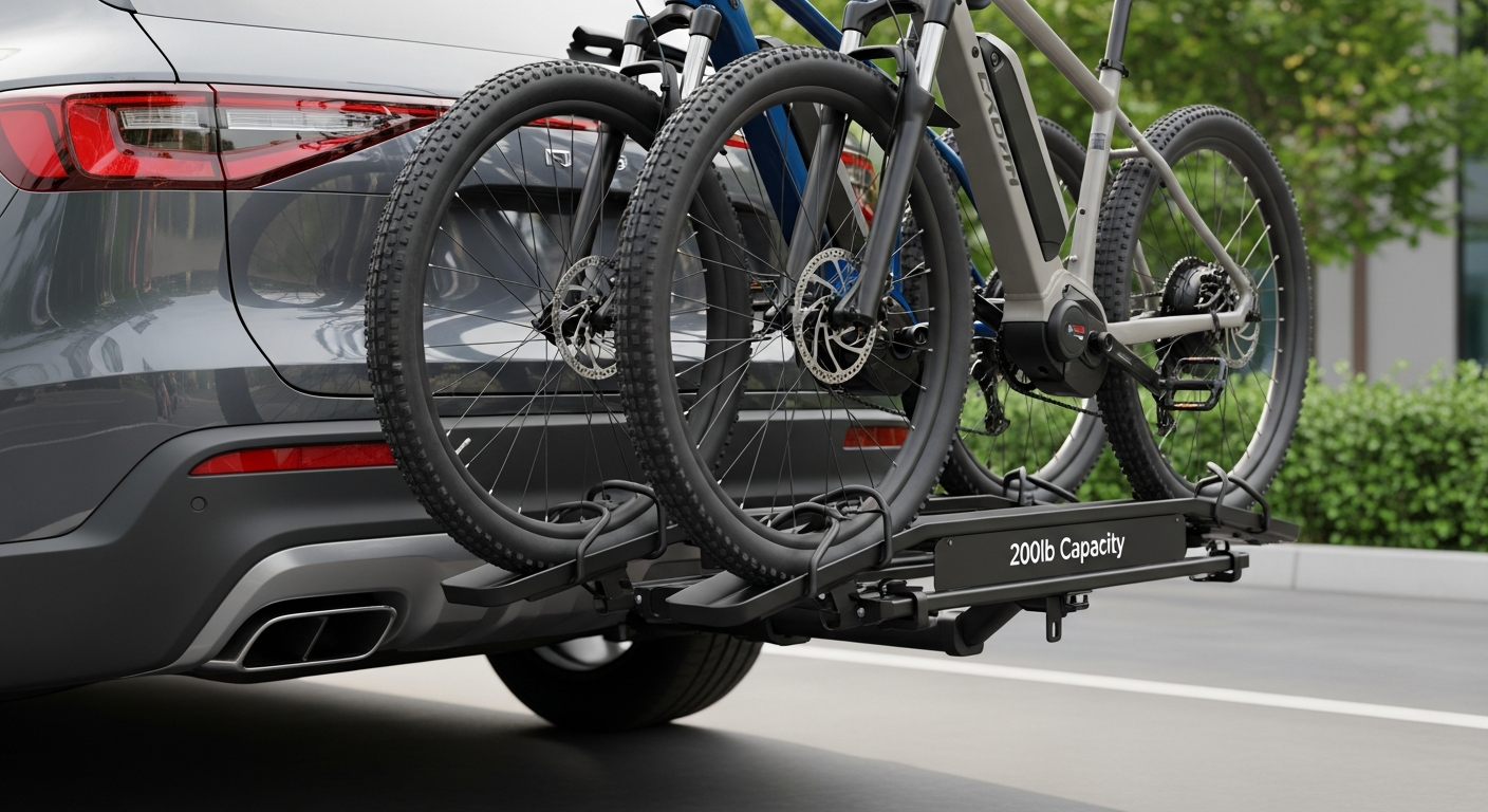 Young Electric 200lb capacity hitch e-bike rack mounted on vehicle with heavy electric bikes