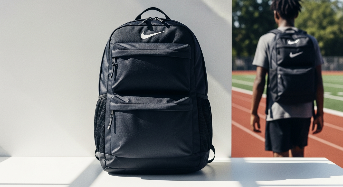 Nike Academy Team Backpack 30L in black displayed against white background showing front compartments