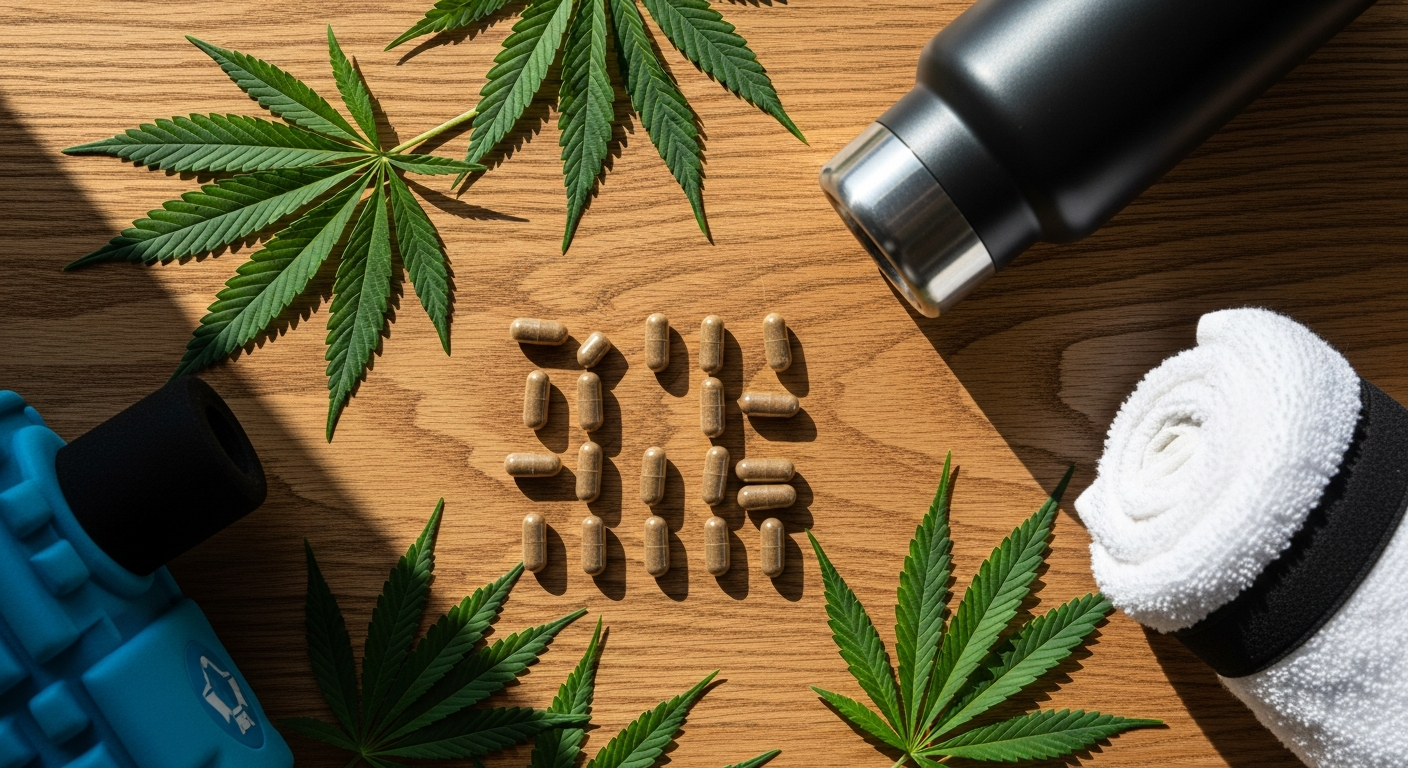 13 Seeds Hempseed Oil Capsules bottle displayed with fresh hemp seeds and athletic recovery equipment